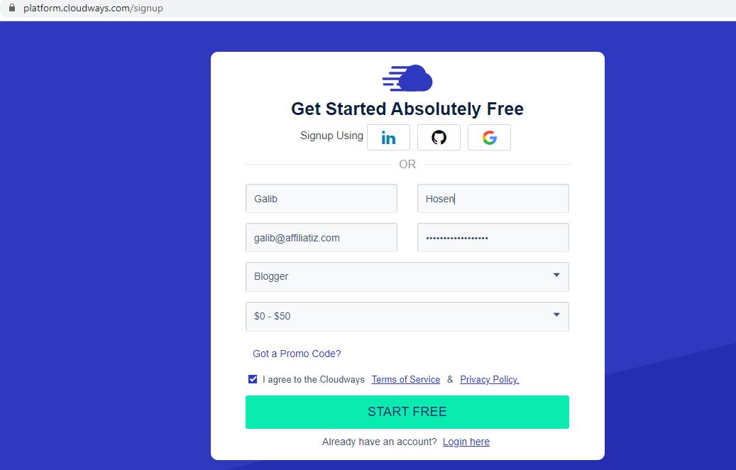 cloudways sign up page